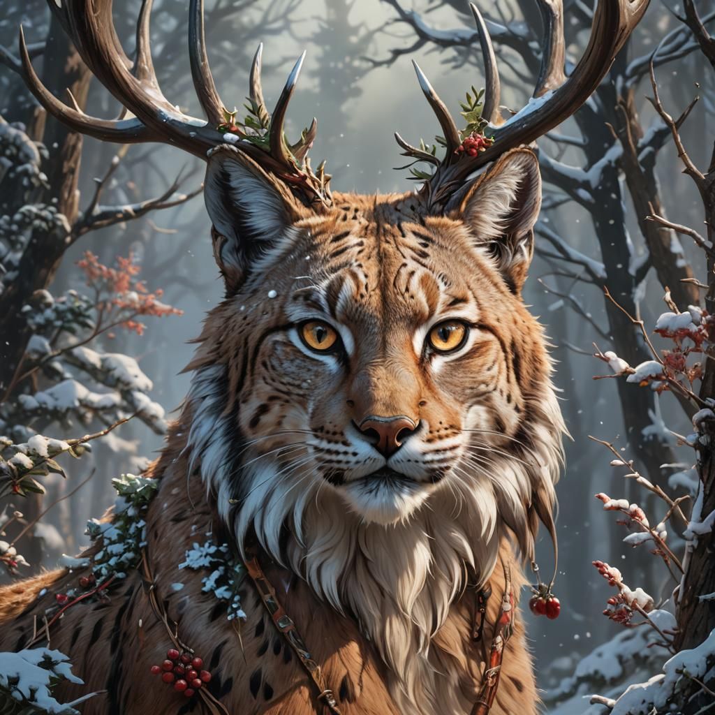 Lynx with Antlers: Hyperdetailed Fantasy Portrait