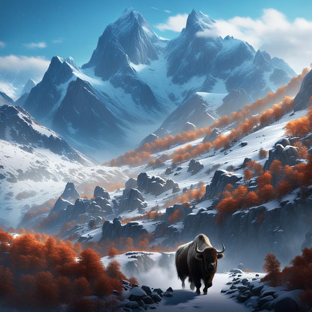 Yak in Snowy Mountain Pass: Digital Matte Painting