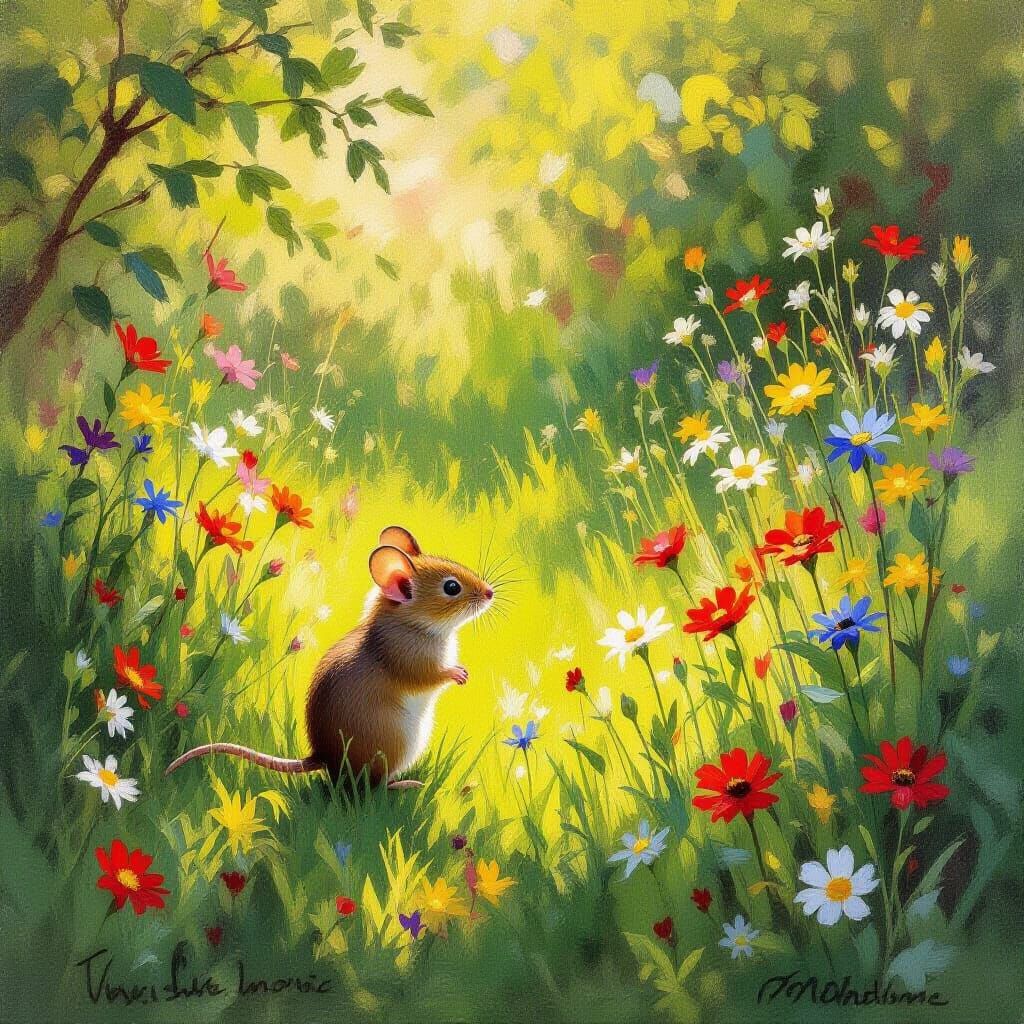 Field Mouse in Sunny Garden, Impressionist Style