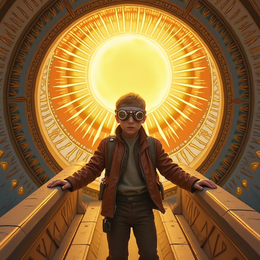 Boy Steers Art Deco Airship Into Sun Portal