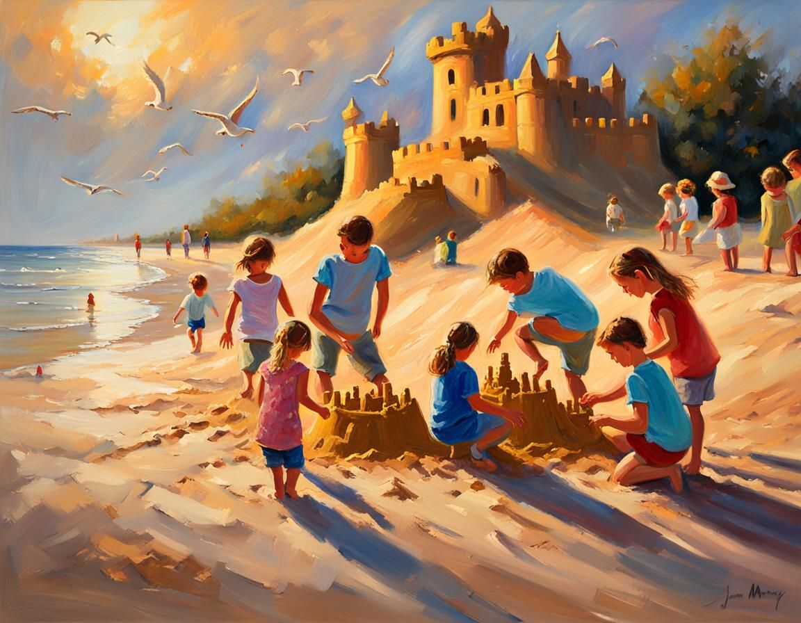 Family Sandcastle: Impressionist Painting in Golden Light