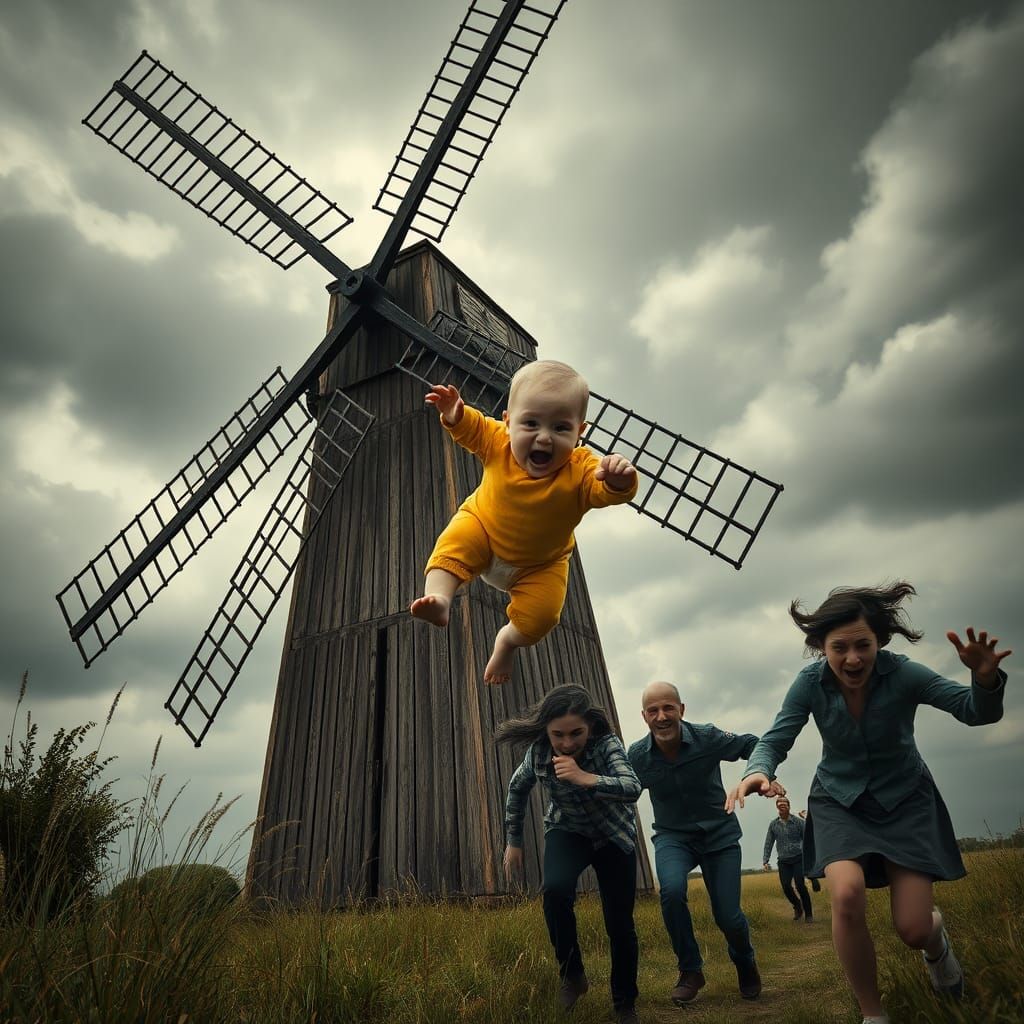 Infant's Perilous Grip on Ancient Windmill