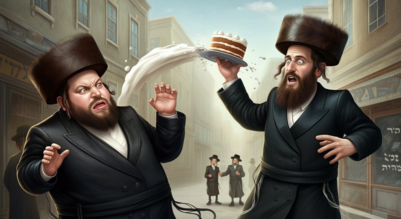 Hasidic Men Clash Over Cream Cake in Dramatic Street Scene