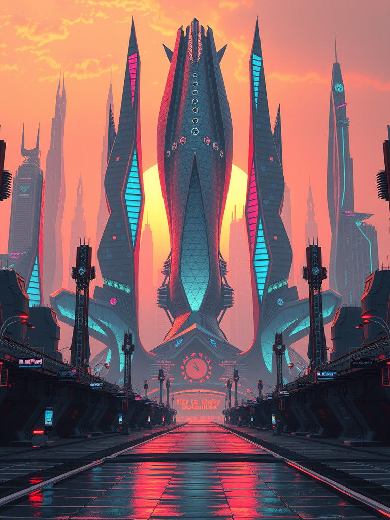 Cyberpunk Metropolis at Sunset: Iridescent Fractal Cityscape