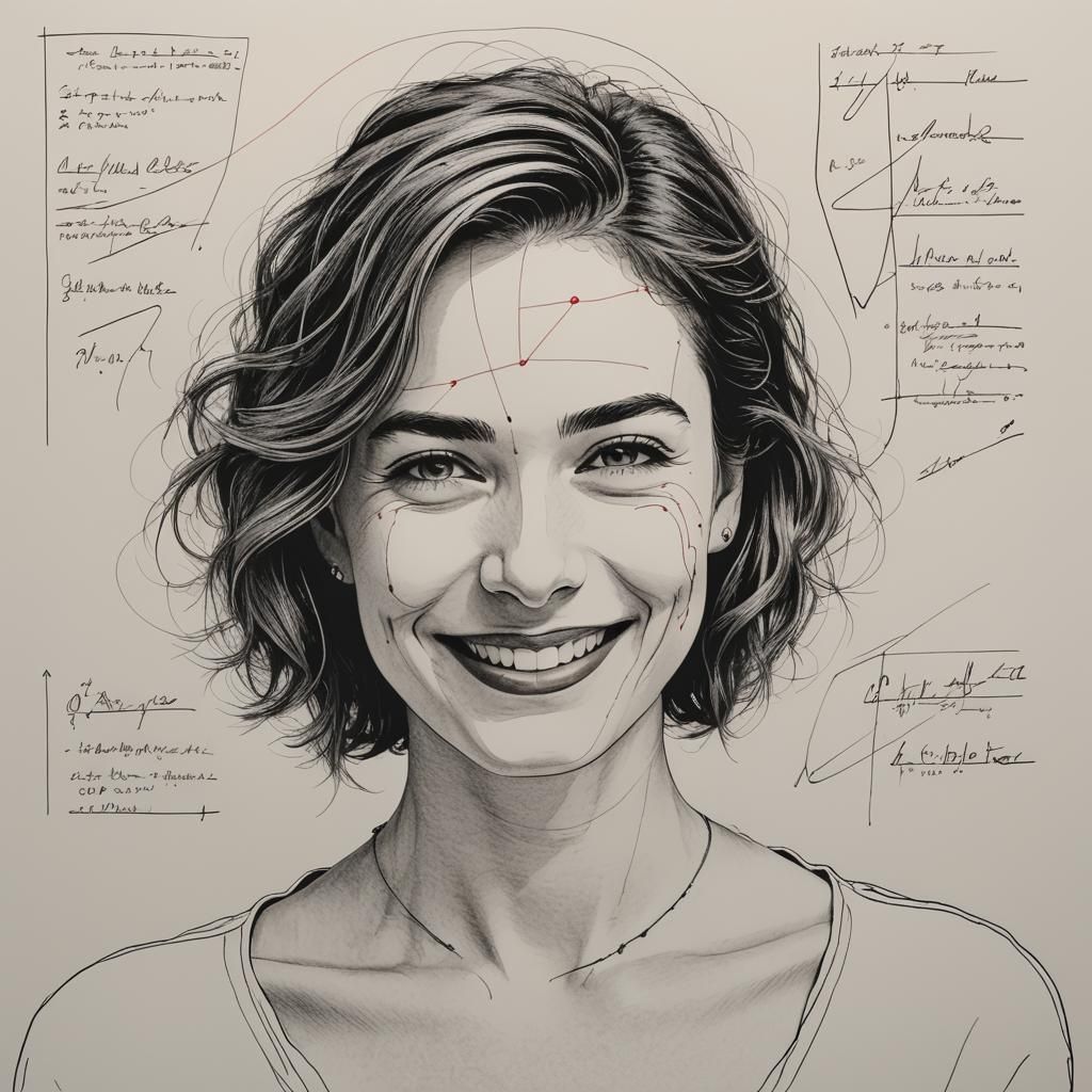 Minimalist Line Art: Smiling Woman with Equations