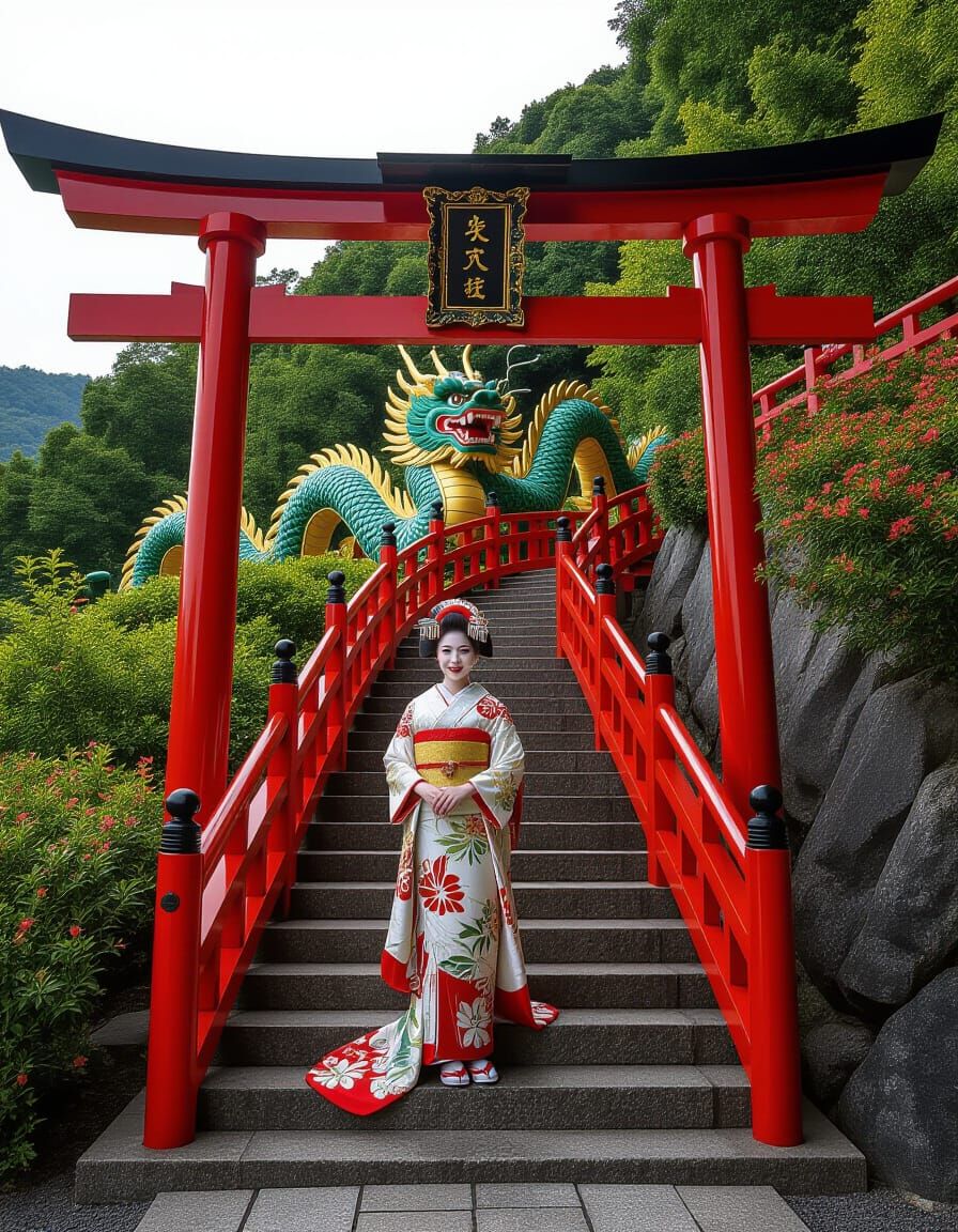 Geisha Poses by Ornate Torii Gate on Jade Hillside