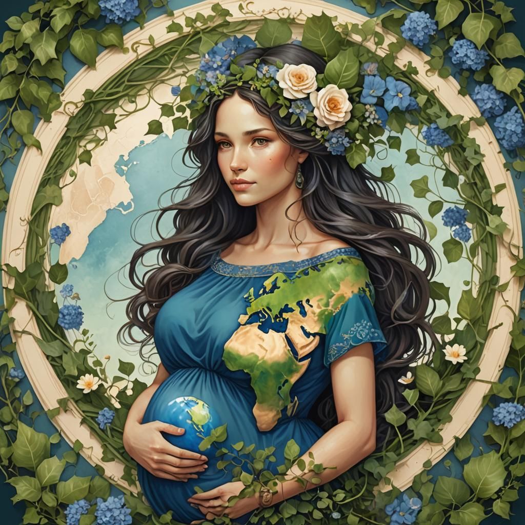 Pregnant Mother Earth in Flowery Frame