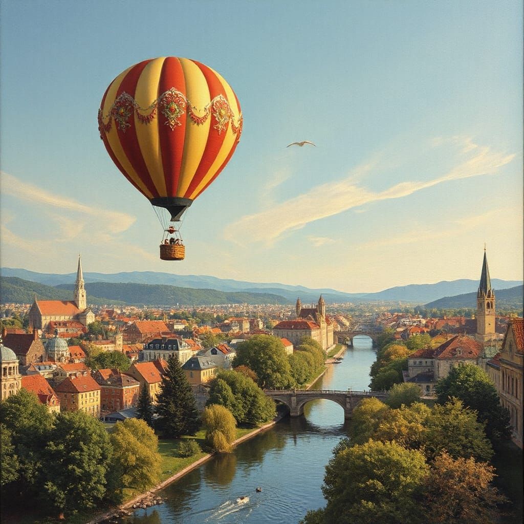 Lone Balloon Over City as Mosaic Painting