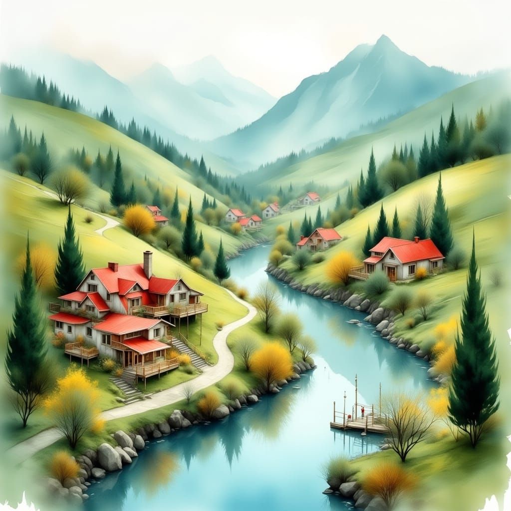 Serene Valley Eco-Dwellings in Delicate Linear Art Style