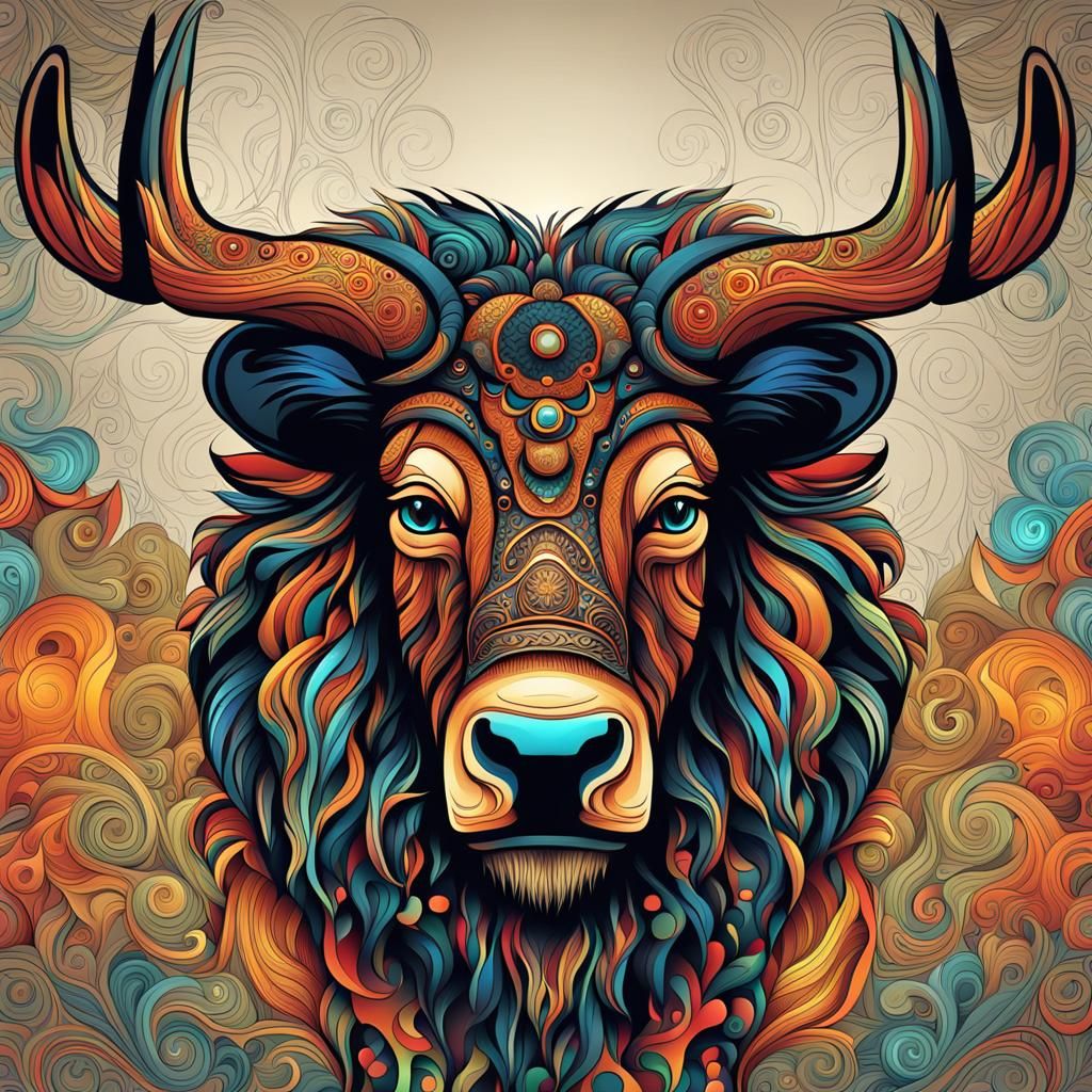 Abstract Fractal Buffalo-Moose Hybrid Portrait