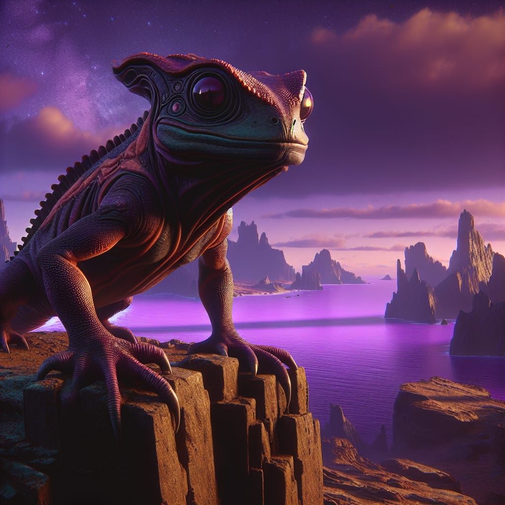 Alien Iguana on Rocky Cliff: Sci-Fi Concept Art