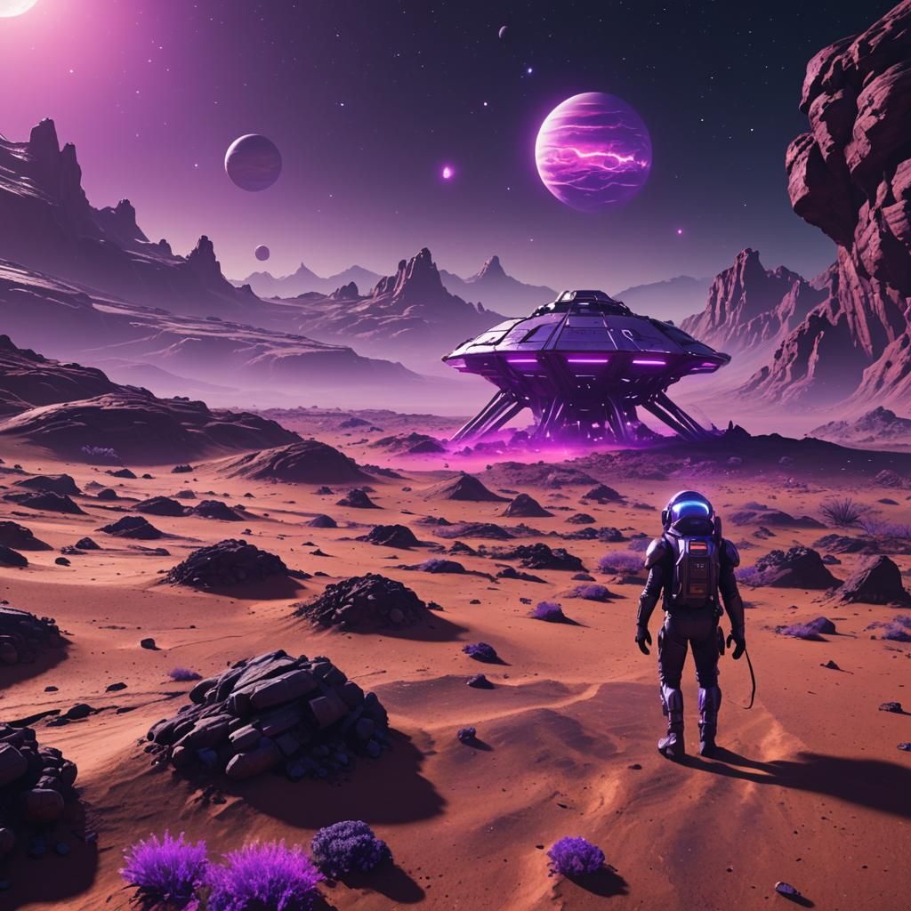 Neon Spaceship Landing on Alien Planet