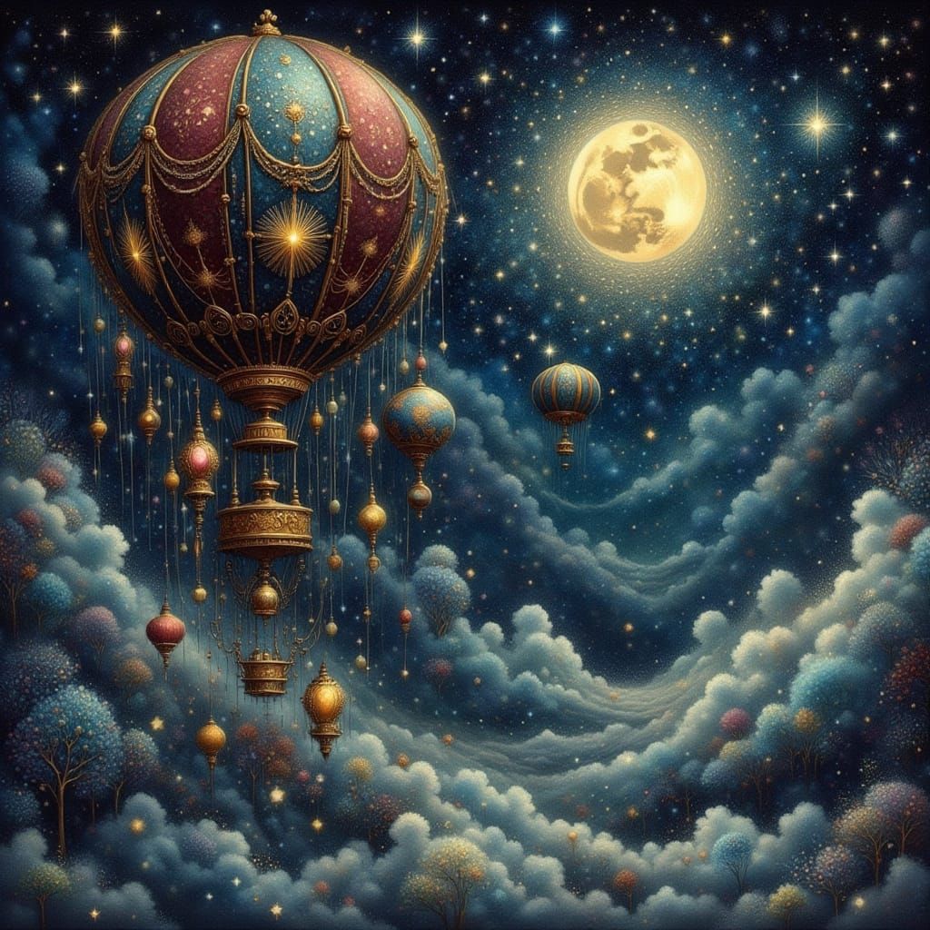 Steampunk Hot Air Balloon in Starry Night