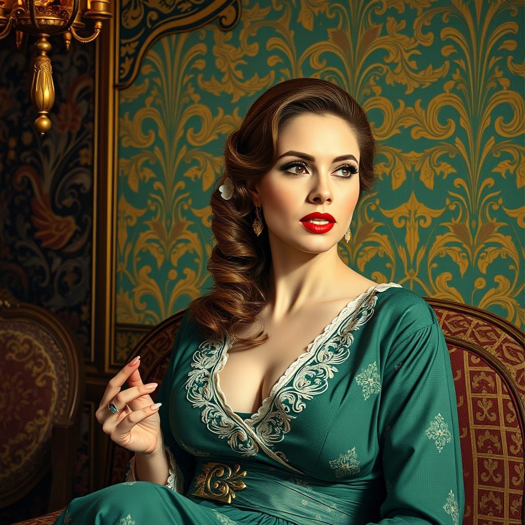 Elegant Woman Speaking Eloquently in Opulent Setting