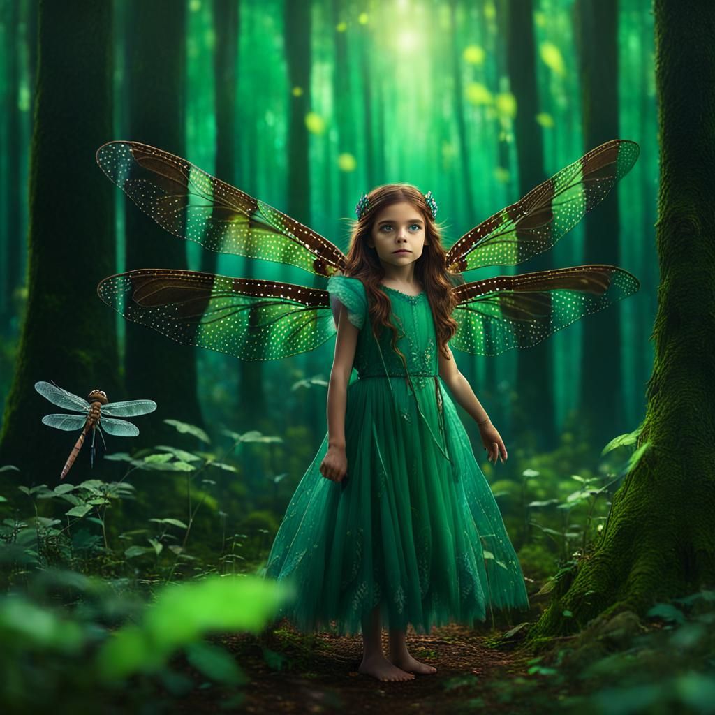Girl with Dragonfly Wings in Forest: Fantasy Art