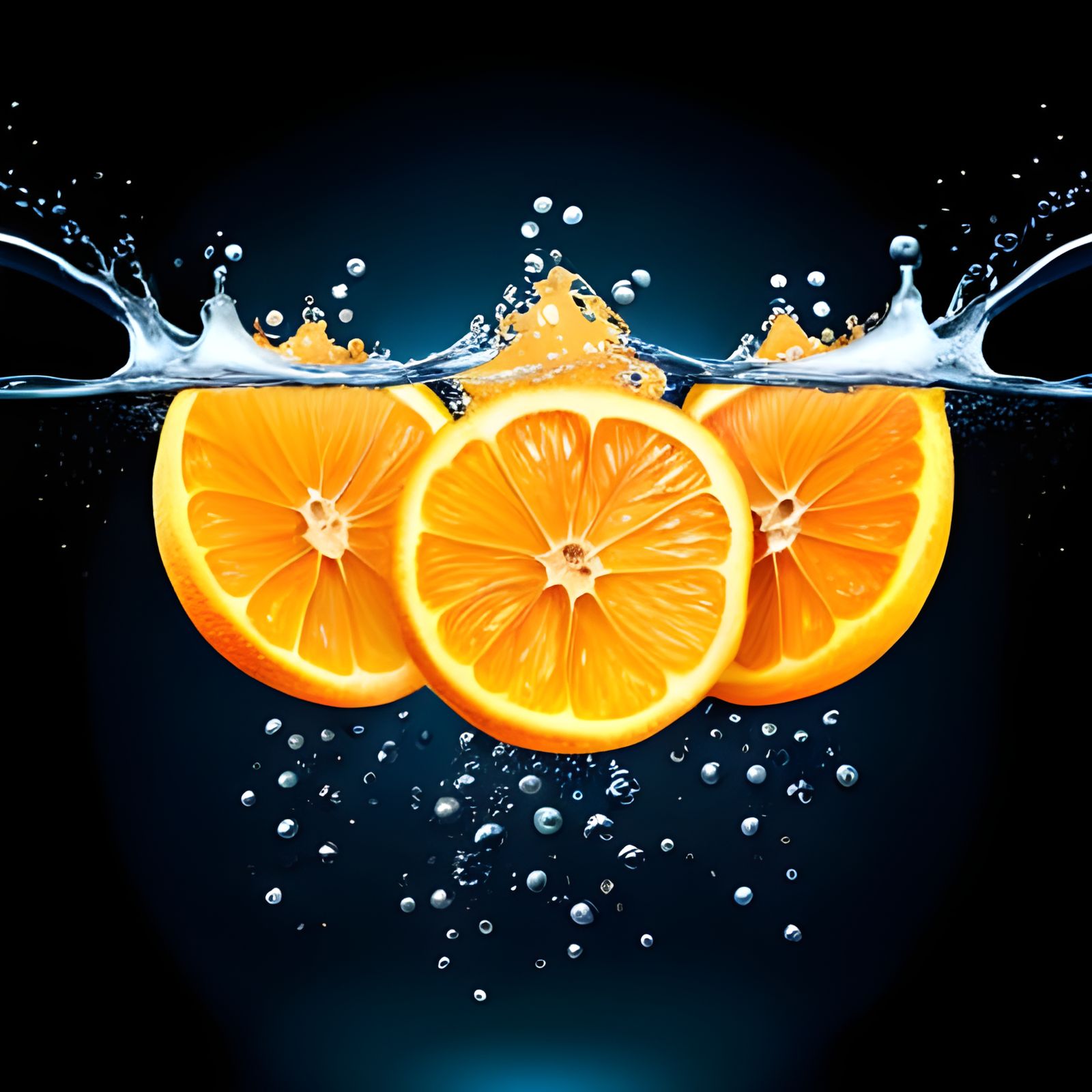 Realistic Orange Slices with Water Splash on Black
