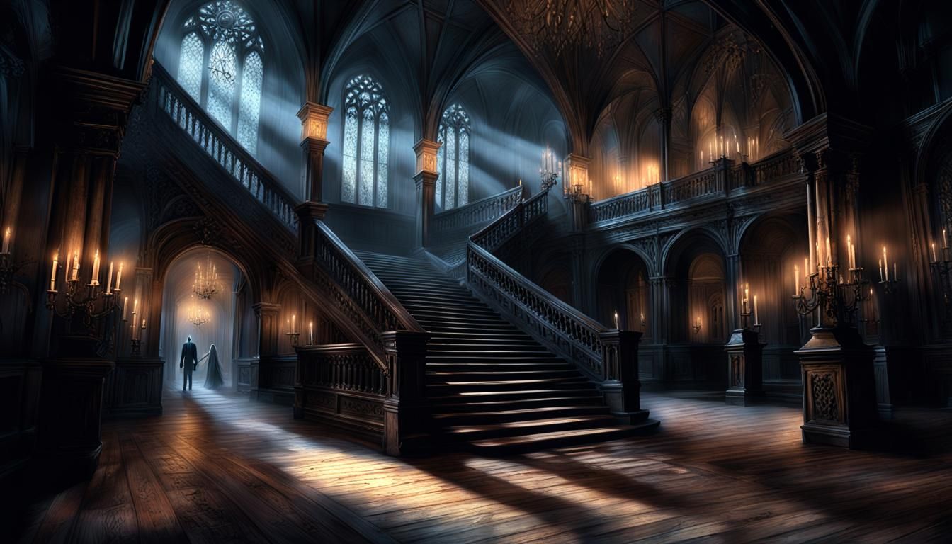 Gothic Macabre Staircase in Dimly Lit Foyer