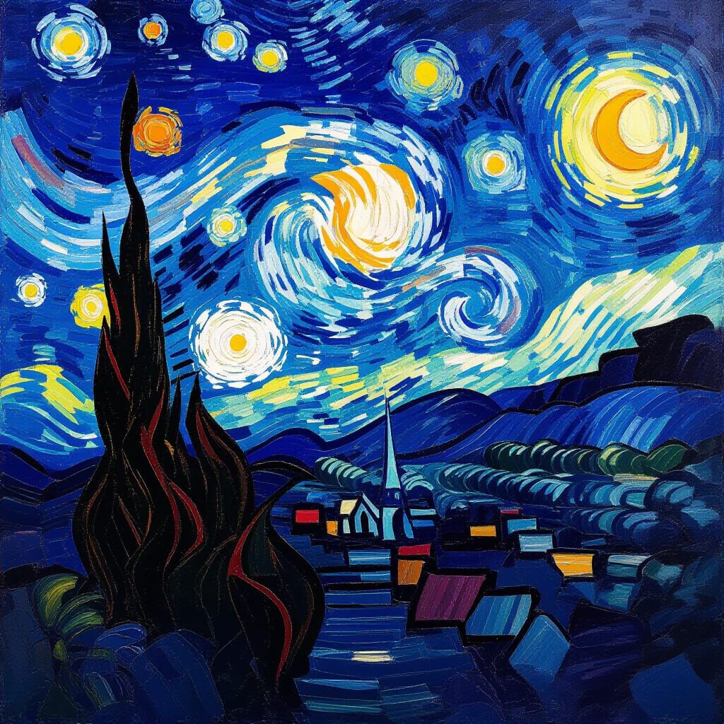 Neo-Impressionist Night Sky Oil Painting