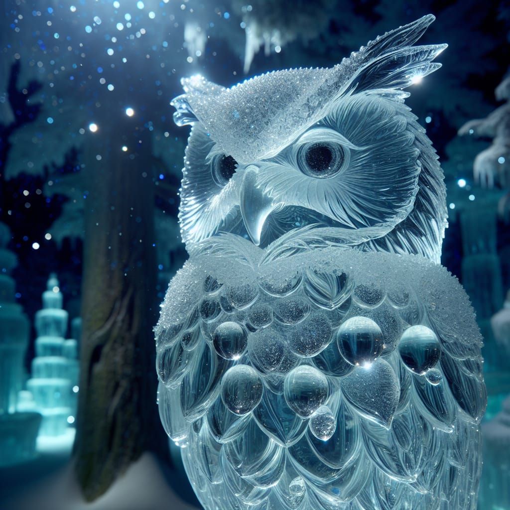 Magical Ice Owl Perched in Ethereal Fantasy Setting