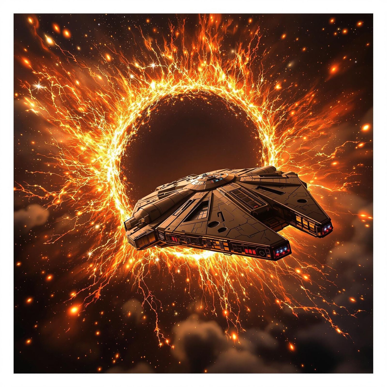 Millennium Falcon Soars from Flaming Black Hole