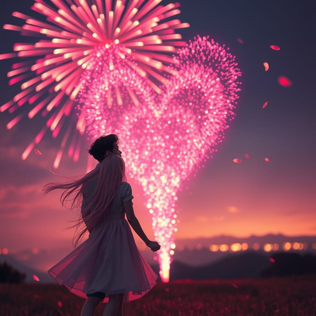 Romantic Couple Silhouette Under Heart Fireworks Display