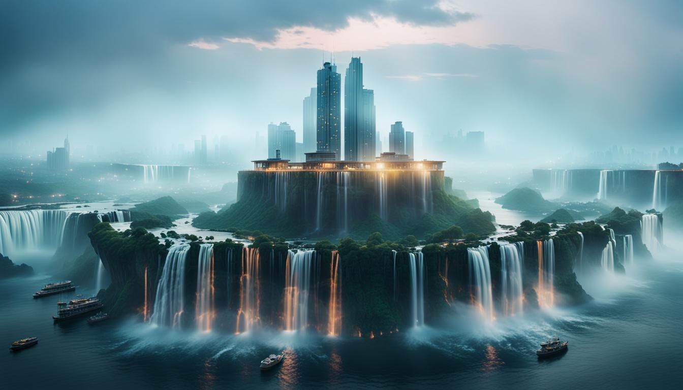 Floating City Amidst Waterfalls in Golden Hour