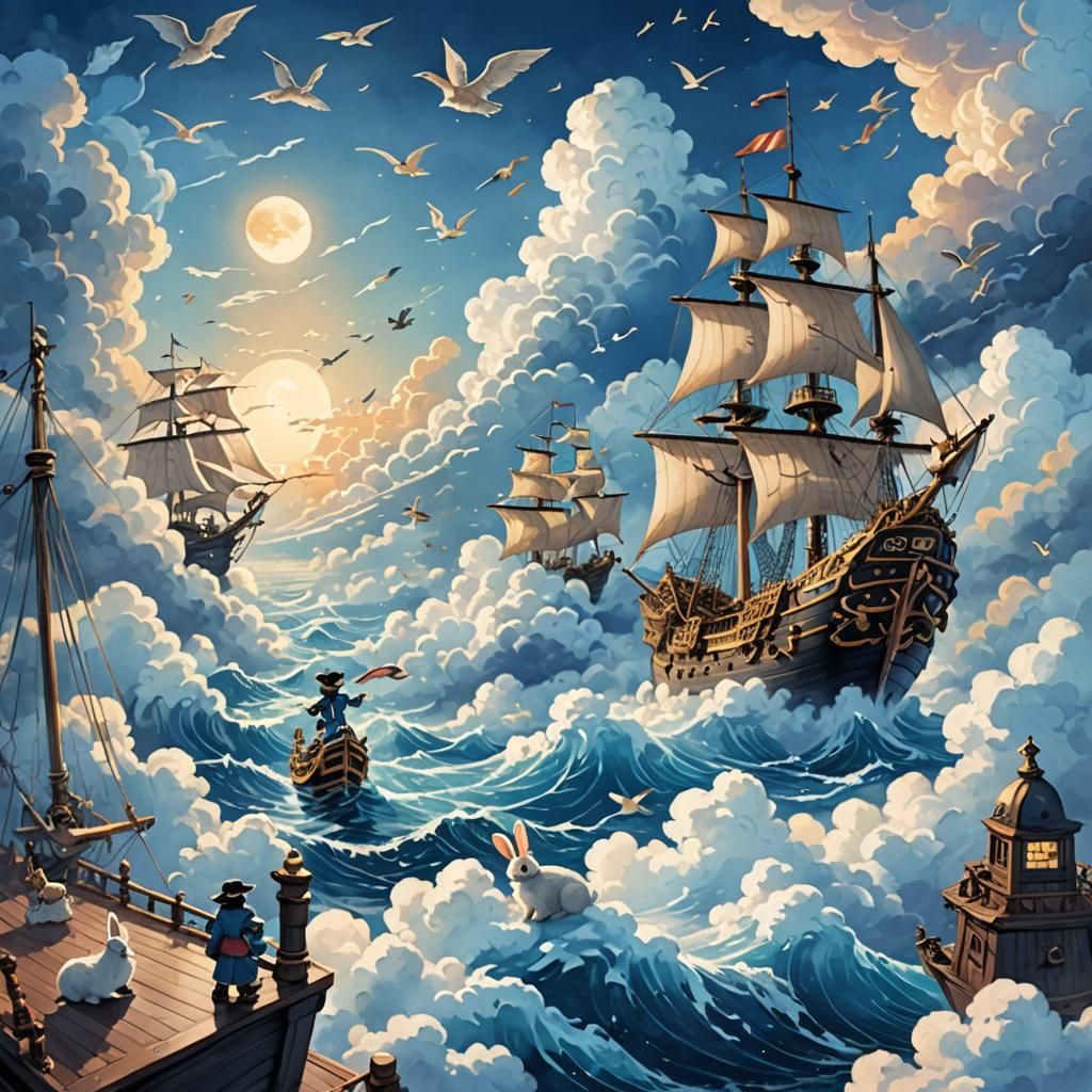 Pirate Ships Sailing on a Sea of Clouds