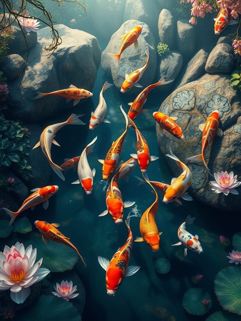 Iridescent Koi Fish Dance in Enchanted Water Realm
