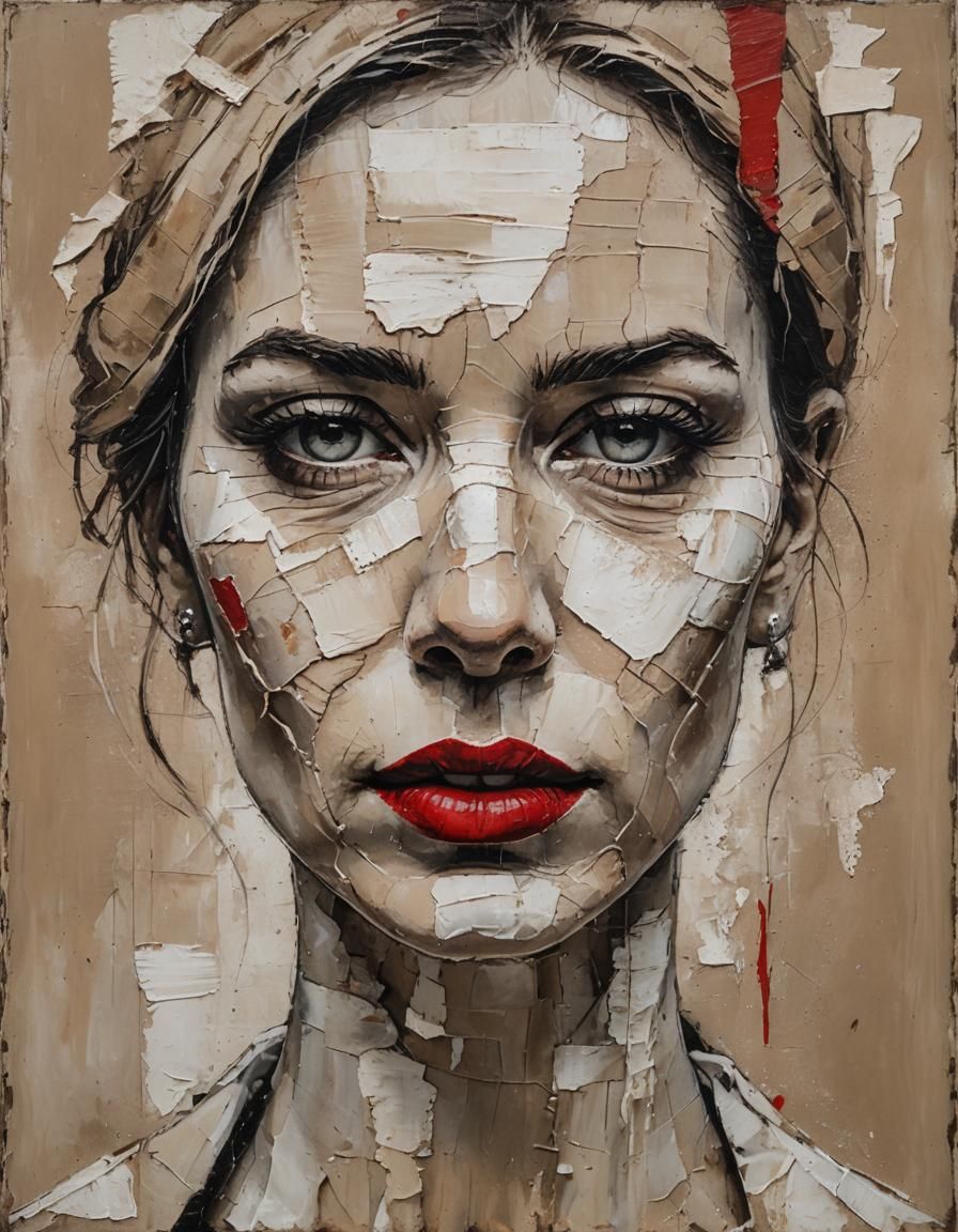 Striking Cubist Portrait of Woman with Red Lips