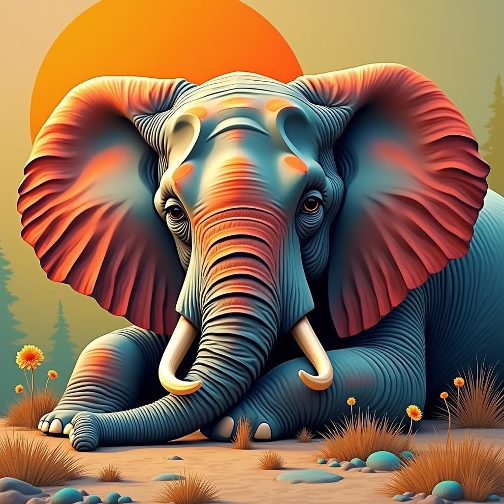 Weary Elephant in Neo-Cubist Geometric Art Deco Style