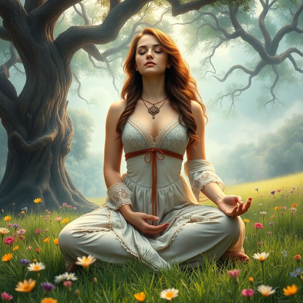Bohemian Woman Meditating in Mystical Landscape