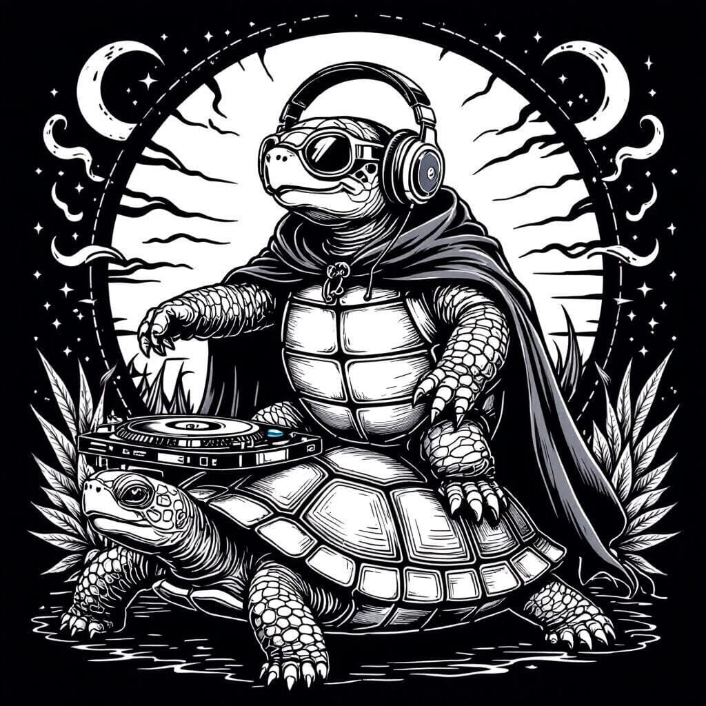 Turtle DJ Deck Tattoo in Black and White Line Art