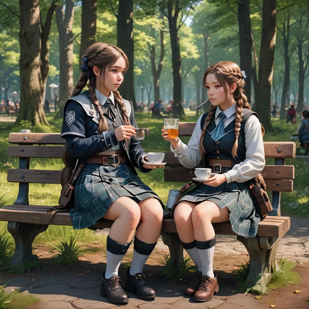 Friends Sharing Tea in Forest, Anime 3D Art