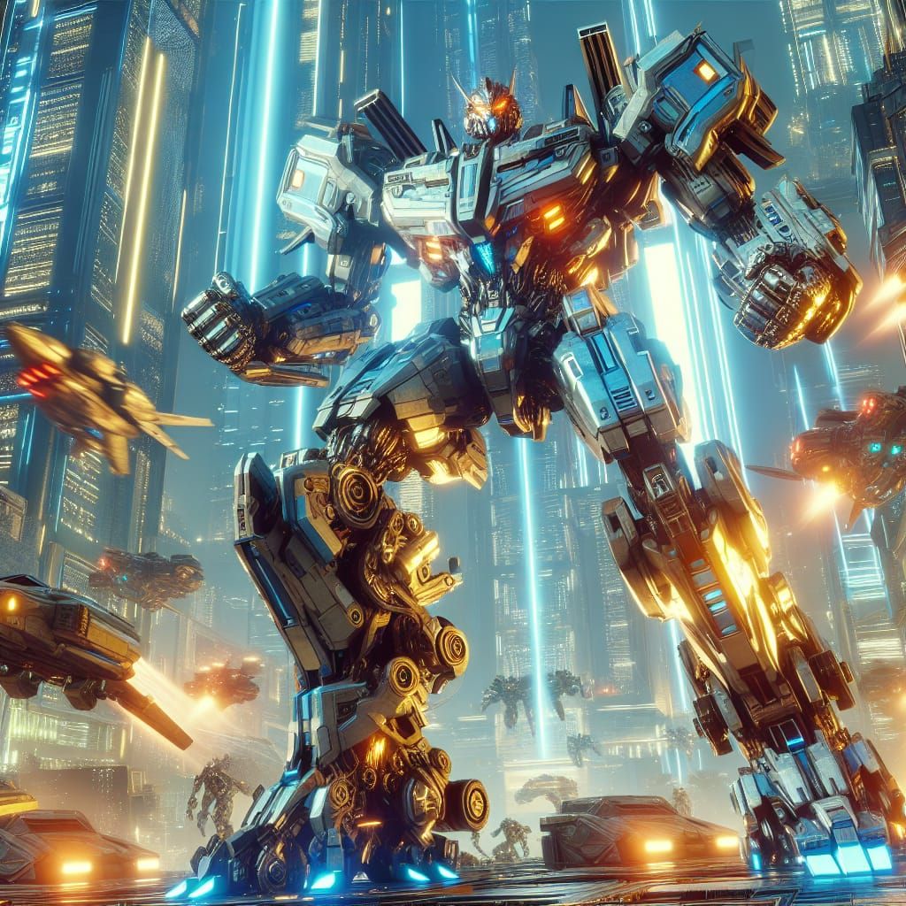 Epic Mech Combat in a Futuristic Cityscape