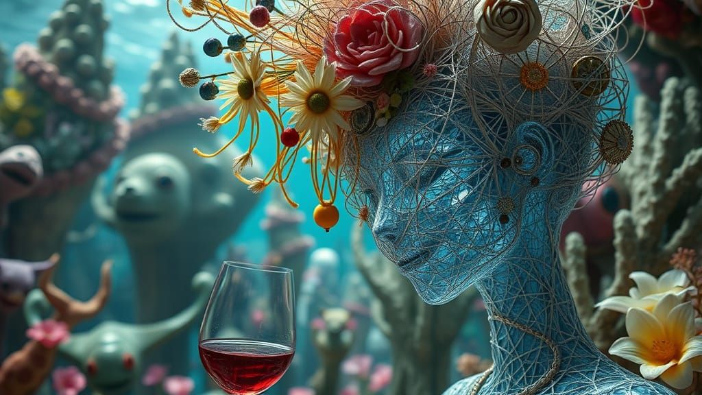 Surreal Undersea Garden Party with Whimsical Creatures