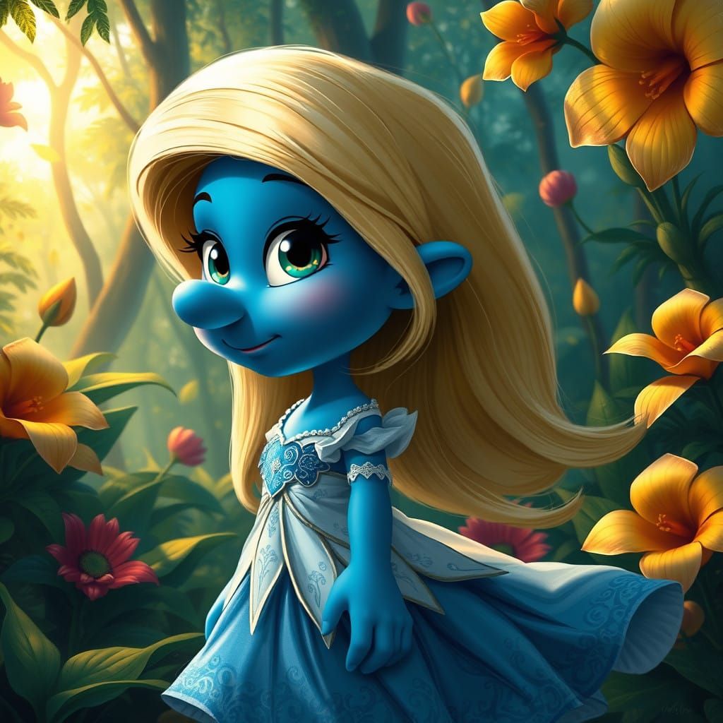 Hyperrealistic Smurfette in a Whimsical Forest Glade