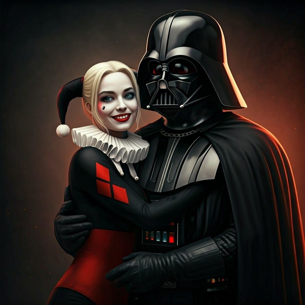 Darth Vader Hugs Harley Quinn: Cinematic Film Still