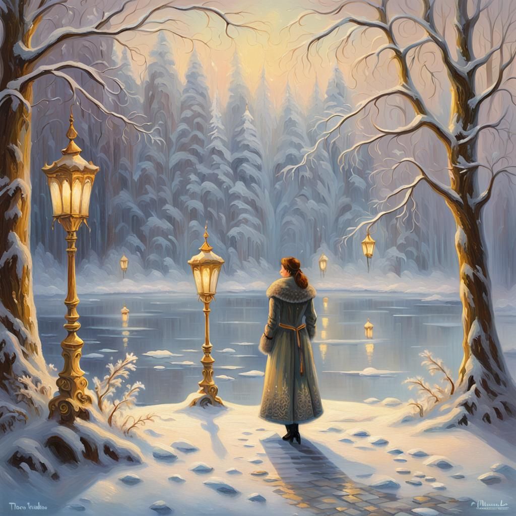 Woman in Winter Wonderland Oil Painting