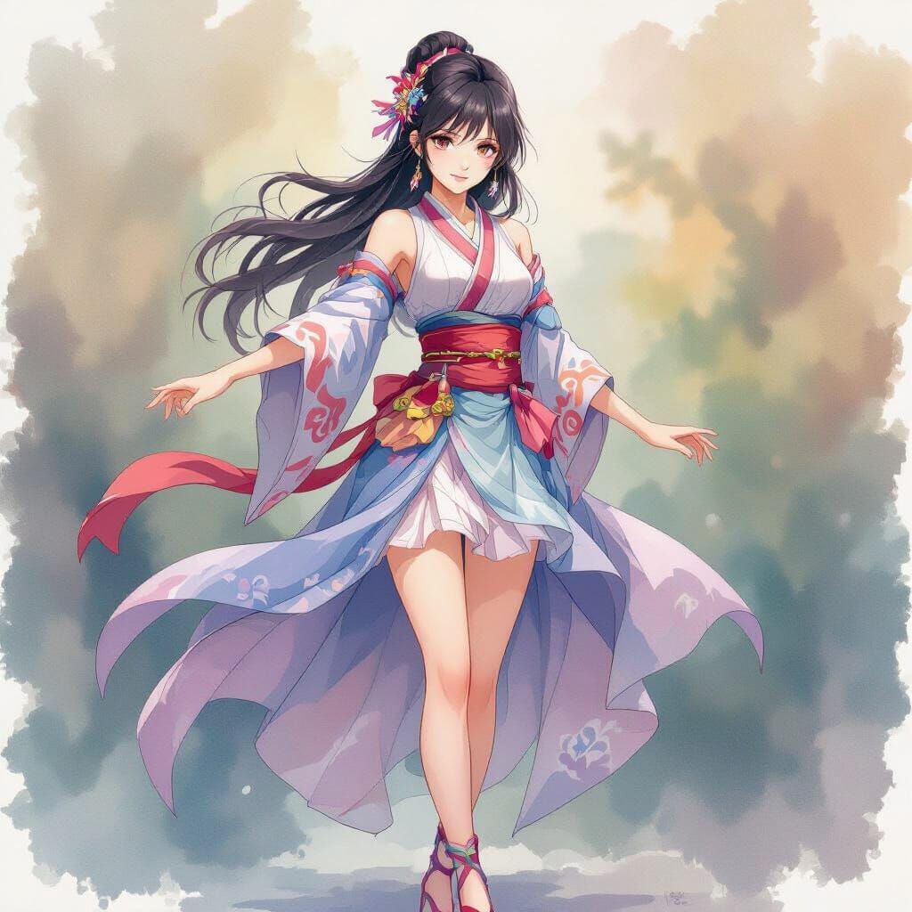 Dynamic Anime Woman in Watercolor Setting