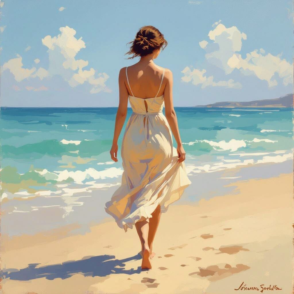 Woman on Beach in Impressionist Style