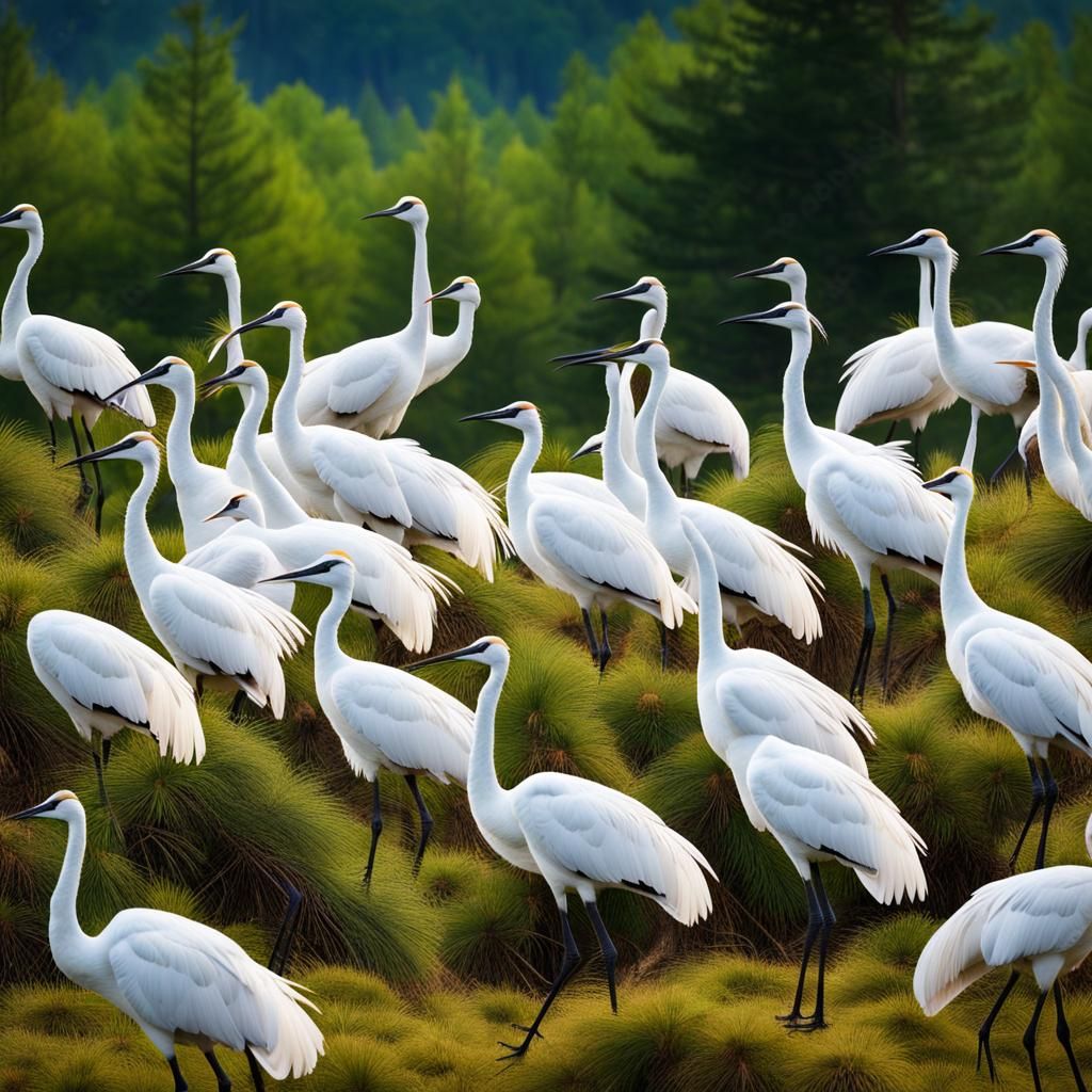 White Cranes Nesting in Pine Forest: Ultra-Realistic Photo