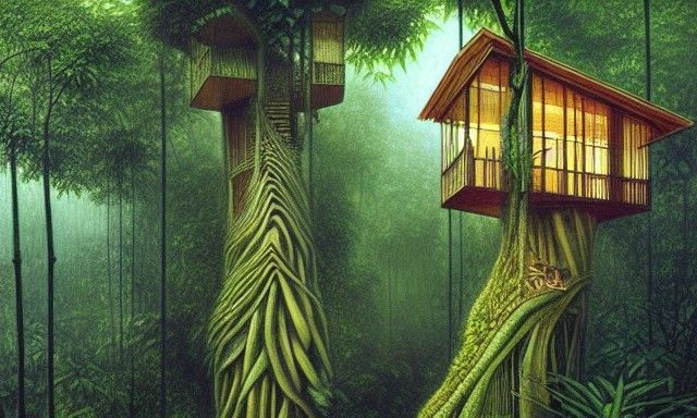 Jungle Canopy City of Treehouses: Hyperrealistic Art