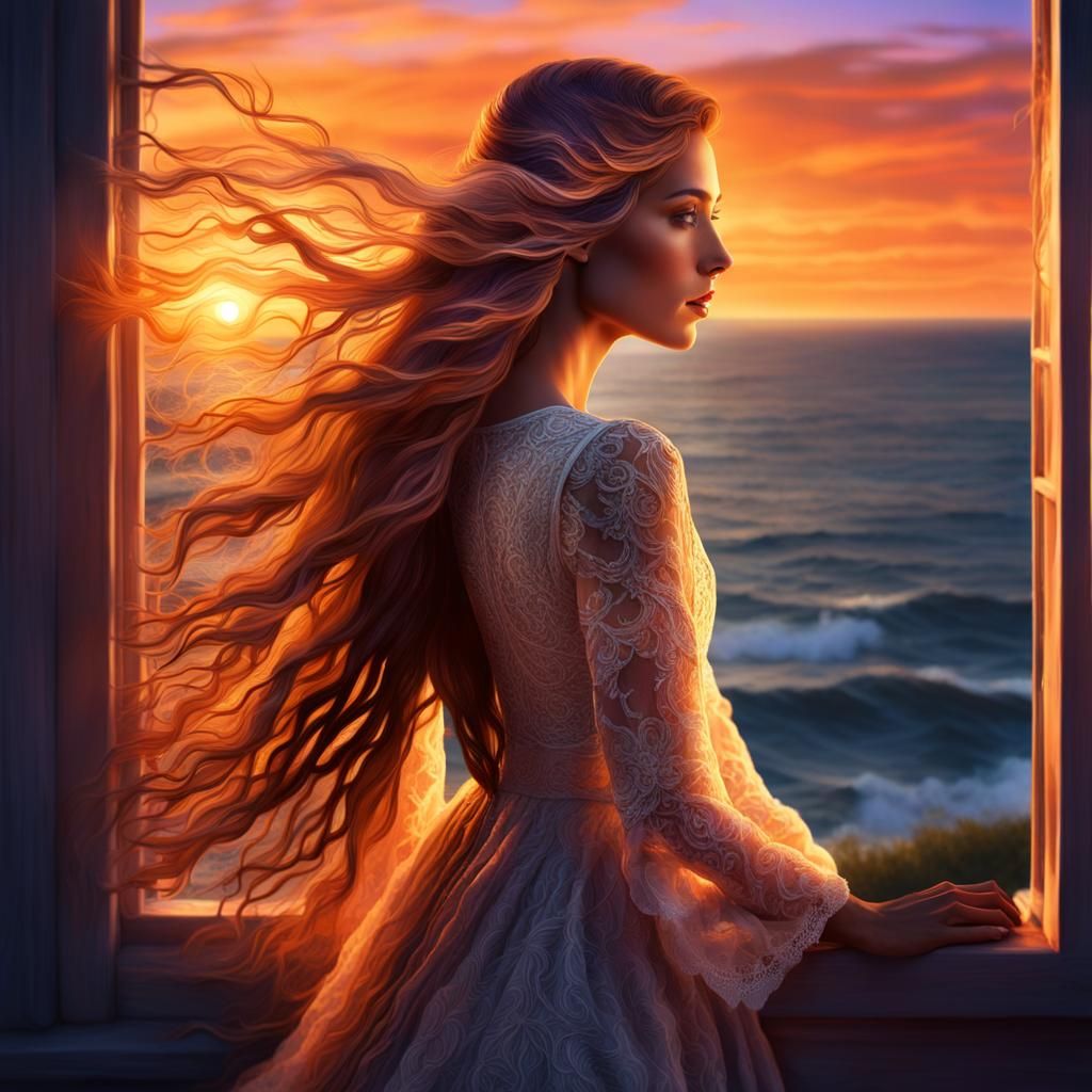 Girl at Sunset Window, Digital Matte Painting