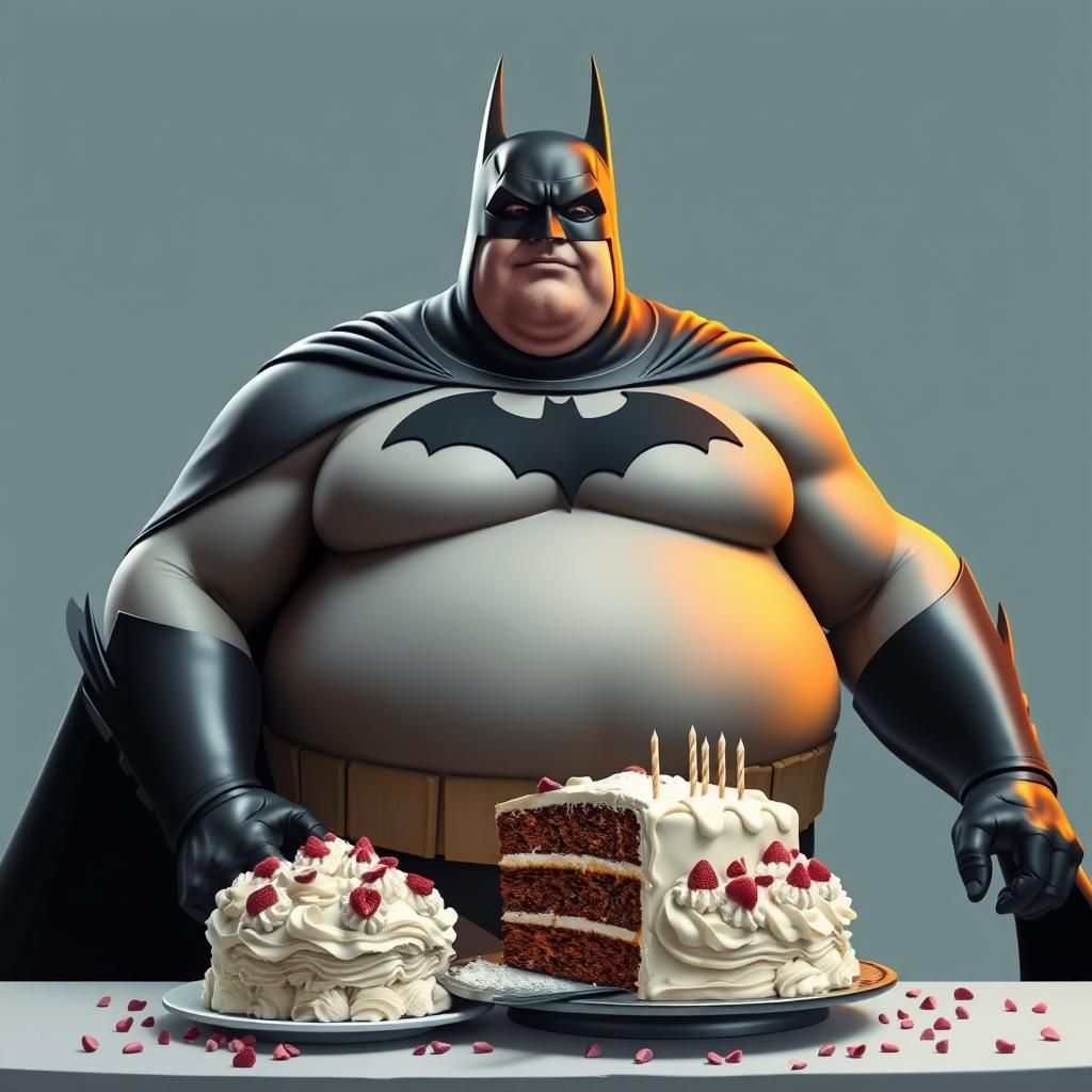 Humorous Overweight Batman Eating Cake