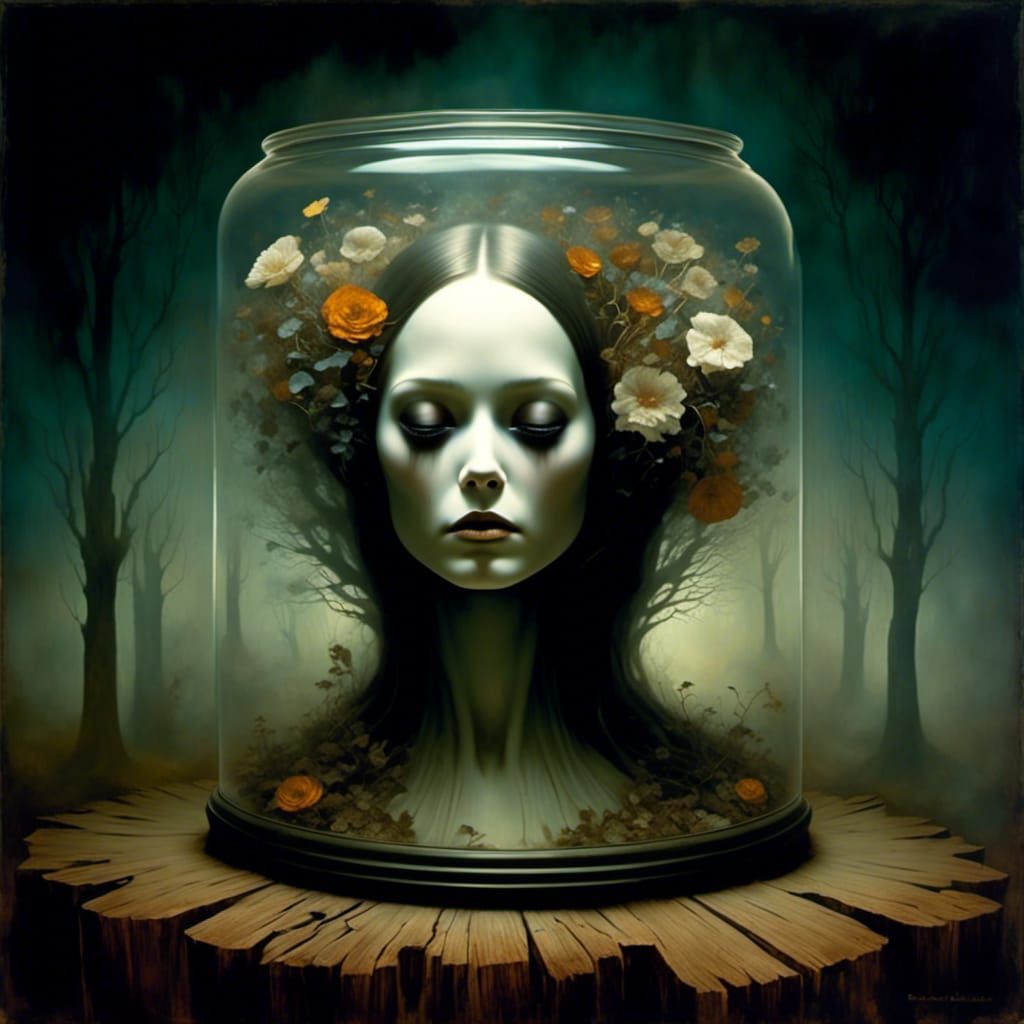 Ethereal Ghost Head in Jar: Surreal Art Deco Horror