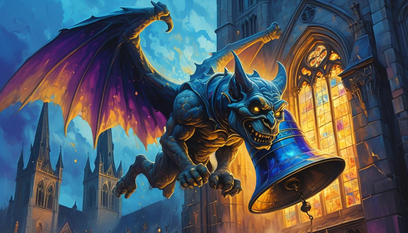 Gargoyle Crash Landing in Gothic Twilight, as Oil Painting