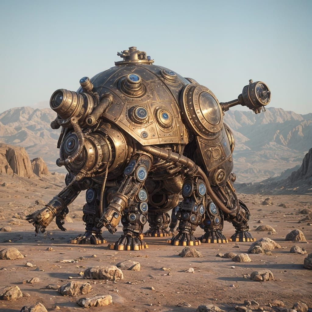 Steampunk Tardigrade in Desert: Sci-Fi Art