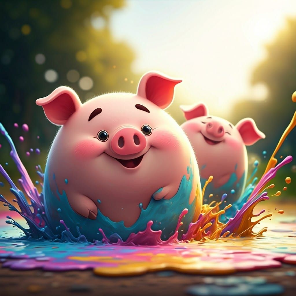 Playful Pigs Roll in Colorful Mud: Pixar-Style