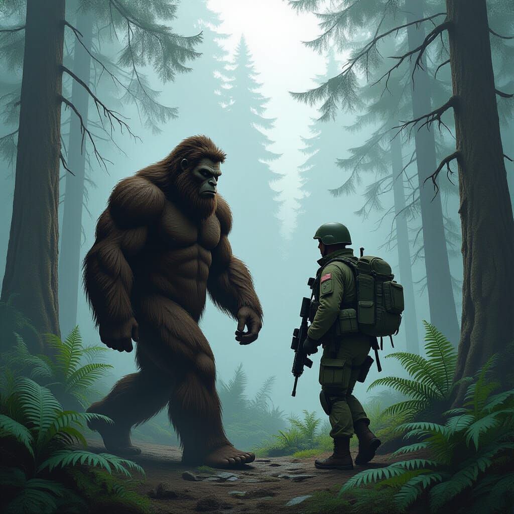 Bigfoot and Soldier Walking in Misty Forest