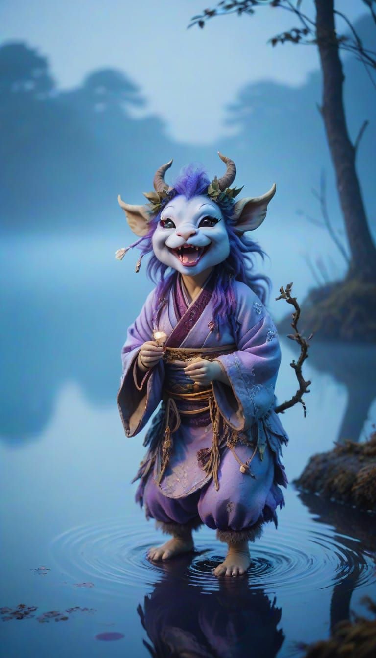 Enchanted Japanese Dryad Sitting on a Mystical Lake